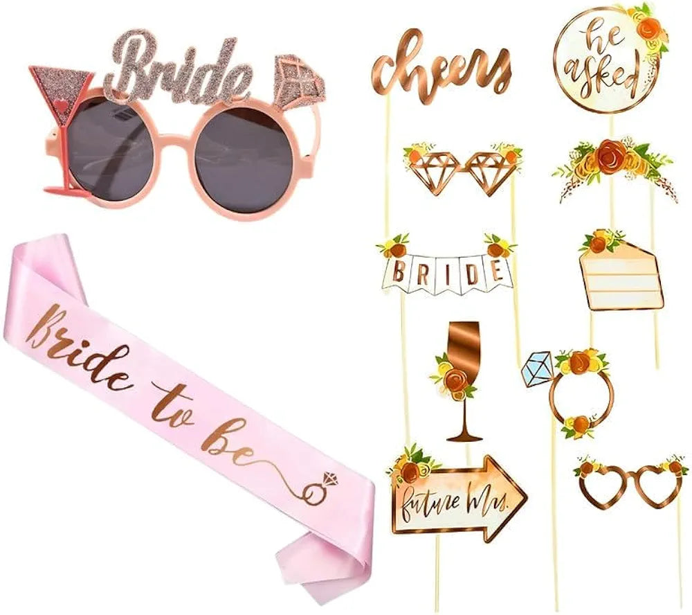 Shimmers 41 Pcs Bride to Be Party Decoration Set ? Satin Sash, Fun Glasses & Photo Props ? Bachelorette Decorations, Hen Party Accessories & Bridal Shower Supplies for Bride Squad Celebrations