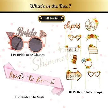 Shimmers 41 Pcs Bride to Be Party Decoration Set ? Satin Sash, Fun Glasses & Photo Props ? Bachelorette Decorations, Hen Party Accessories & Bridal Shower Supplies for Bride Squad Celebrations