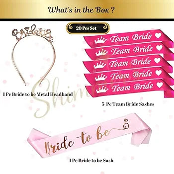 Shimmers 20 Pcs Bride to Be & Team Bride Party Set Fun Bachelorette Party Decorations with Headband, Satin Sash & Hen Night Accessories for Bridal Shower & Girls Night Out