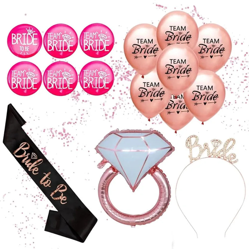Shimmers 20Pcs Bride to Be & Team Bride Party Set Bachelorette Party Decoration with Satin Sash, Metal Headband, Balloons, Brooches & Crown Ring Foil Balloon for Bridal Shower & Hen Night Celebrations