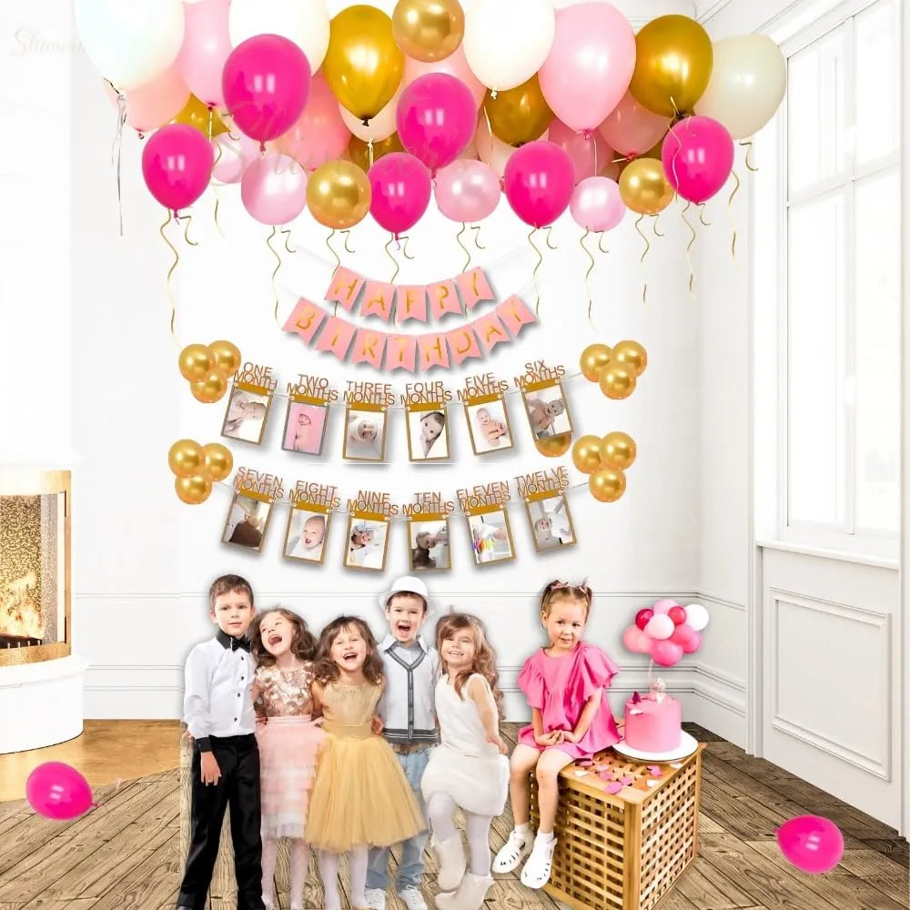 Shimmers Pink Gold White Birthday Decoration Kit - Pack of 52 Happy Birthday Banner, Golden Curtain, Balloon Pump and Accessories for Baby Girl, Kids, Toddler, Party Supplies and Celebrations