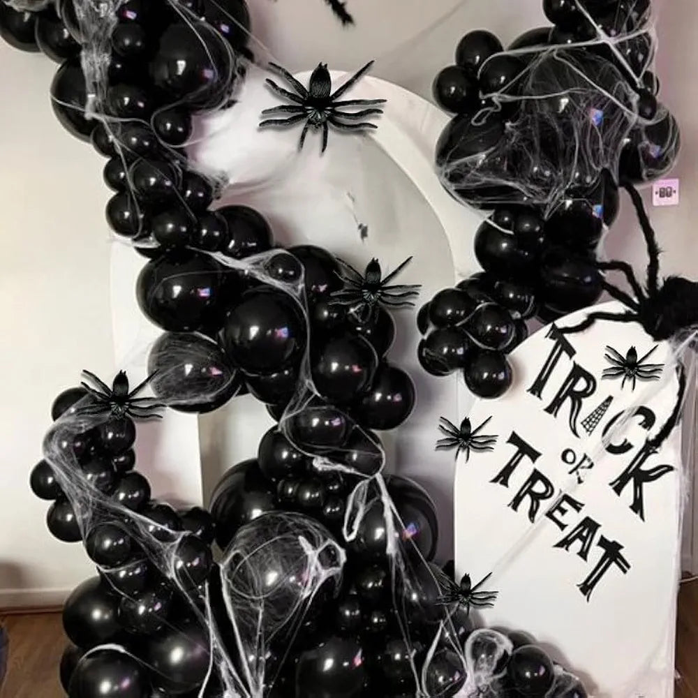 Shimmers Halloween Balloon Garland Kit – Black Latex Balloons with Fake Spider Web & Spiders for Trick or Treat Party, Haunted House & Indoor Outdoor Halloween Decorations