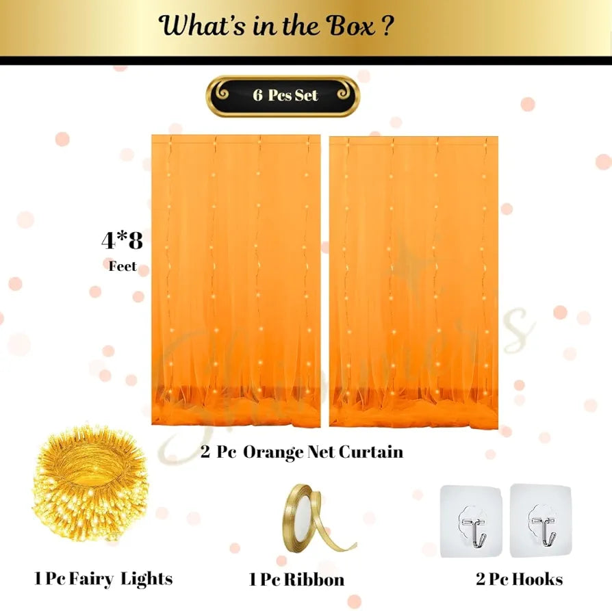 Shimmer Orange Net Curtain Set with Ribbon – Elegant Sheer Backdrop for Birthday Decorations, Wedding Stage Décor, Baby Shower and Festive Home Parties 62% off