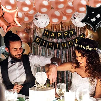 Shimmers 68 Pcs Birthday Decoration Combo Kit – Black & Rose Gold Theme with Happy Birthday Banner, Confetti & Metallic Balloons, Star Foils, Foil Curtains, Glue Dots & Arch Roll for Boys&Girls