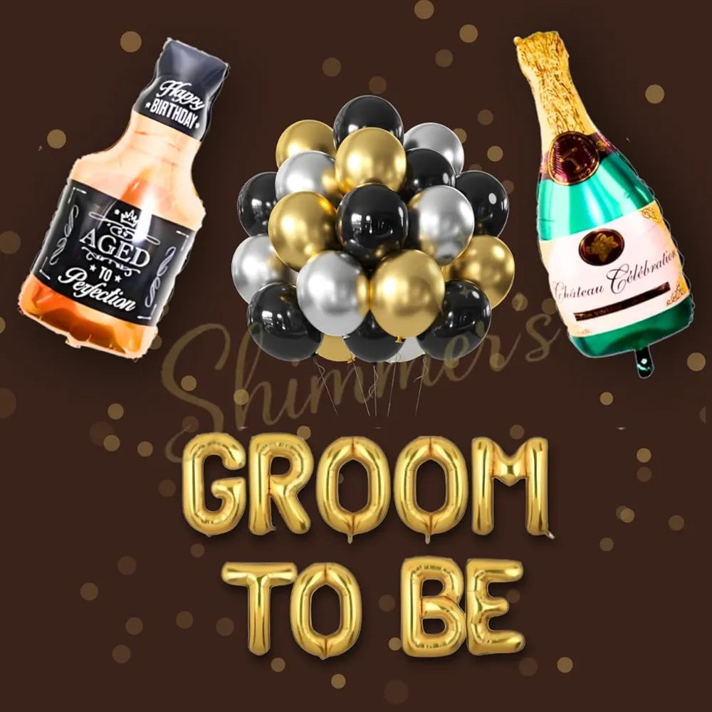 Shimmers Groom to Be Party Decoration Set of 55 Black, Silver & Gold Balloons with Groom to Be Foil Banner, Champagne Bottle Balloon,Ribbons & Accessories