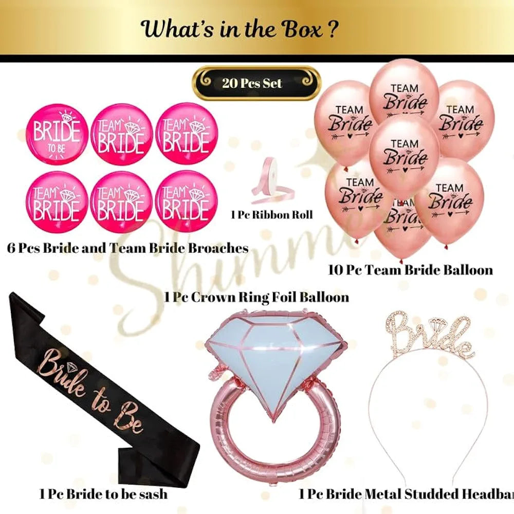 Shimmers 20Pcs Bride to Be & Team Bride Party Set Bachelorette Party Decoration with Satin Sash, Metal Headband, Balloons, Brooches & Crown Ring Foil Balloon for Bridal Shower & Hen Night Celebrations
