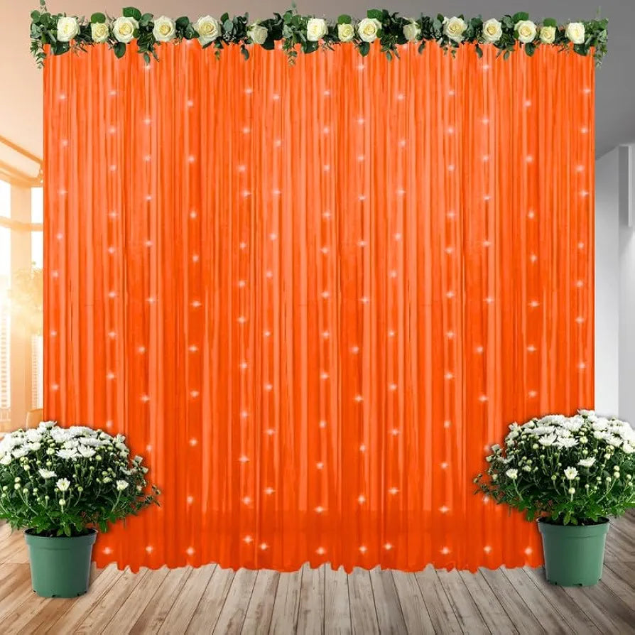Shimmer Orange Net Curtain Set with Ribbon – Elegant Sheer Backdrop for Birthday Decorations, Wedding Stage Décor, Baby Shower and Festive Home Parties 62% off