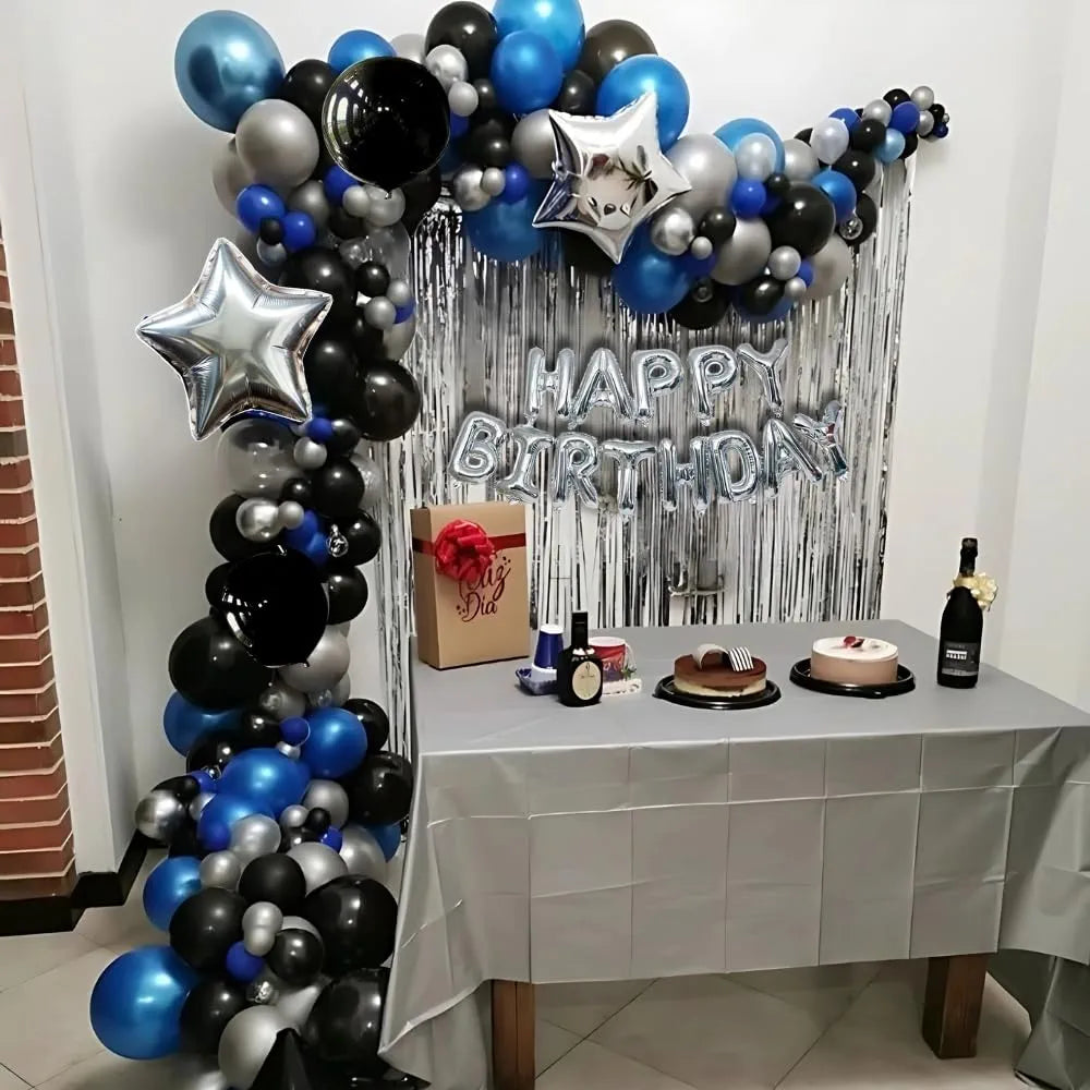 Brand: Shimmers 5.0 5.0 out of 5 stars (1) Shimmers 33 Pcs Birthday Decoration Kit with Silver Foil Banner & Metallic Balloons – Black, Blue & Silver Theme Party Decor for Boys, Men, Kids – Elegant DIY Combo for Indoor Celebrations
