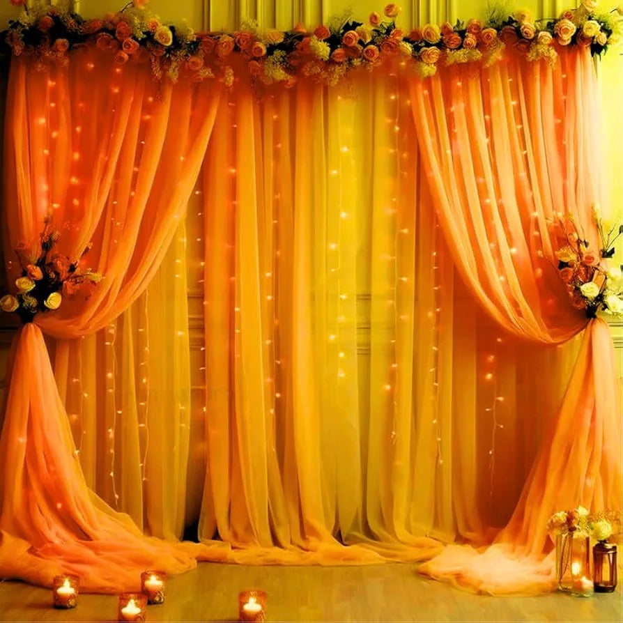 Shimmer Orange Net Curtain Set with Ribbon – Elegant Sheer Backdrop for Birthday Decorations, Wedding Stage Décor, Baby Shower and Festive Home Parties 62% off