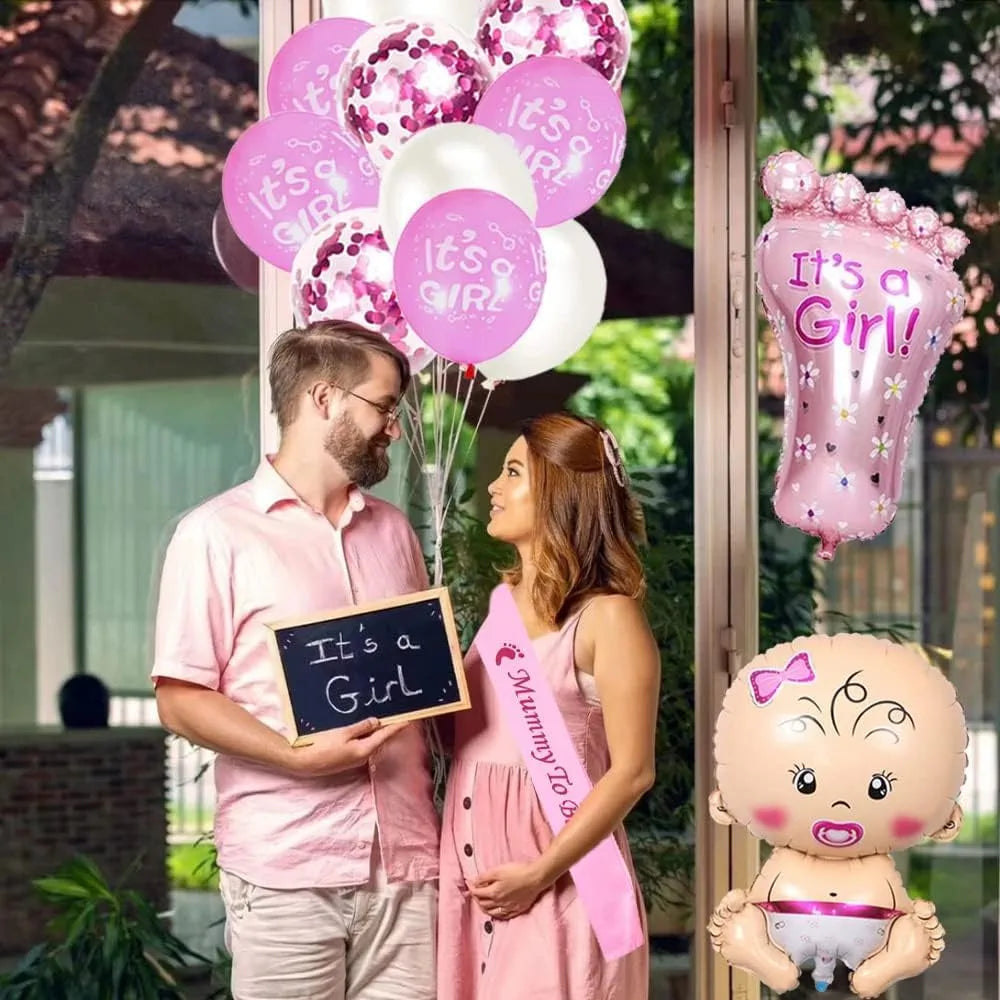 Shimmers Pink White Baby Shower Decoration Kit - Pack of 51 Baby Girl Banner, Latex and Foil Balloons, Curtain Backdrop, Star Balloons, Bottle Balloon, Foil Balloon for Newborn Celebrations