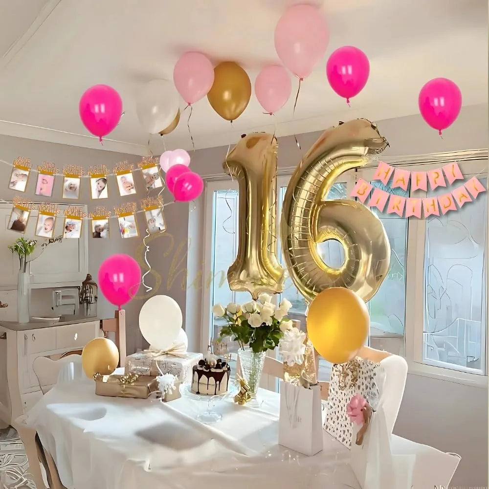 Shimmers Pink Gold White Birthday Decoration Kit - Pack of 52 Happy Birthday Banner, Golden Curtain, Balloon Pump and Accessories for Baby Girl, Kids, Toddler, Party Supplies and Celebrations