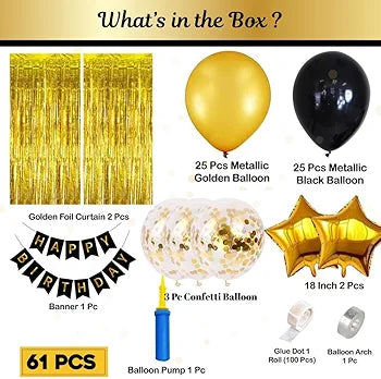 Shimmers 61 Pcs Black & Gold Birthday Decoration Kit – Banner, Metallic Balloons, Foil Stars, Balloon Pump & Accessories – Party Decor Set for Boys, Girls, Men & Women – Elegant Theme for Home or Hall