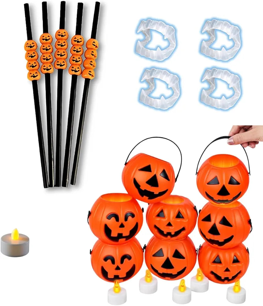 Shimmers Halloween Party Decoration Set – 33 Pcs Pumpkin Buckets, Black Straws, Vampire Teeth & Banner | DIY Halloween Party Supplies for Kids, Home & Classroom Decoration