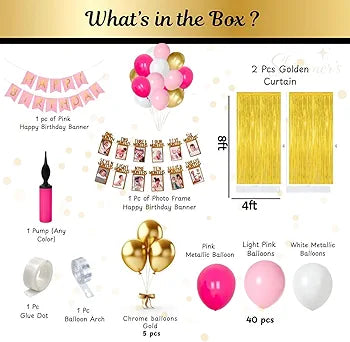 Shimmers Pink Gold White Birthday Decoration Kit - Pack of 52 Happy Birthday Banner, Golden Curtain, Balloon Pump and Accessories for Baby Girl, Kids, Toddler, Party Supplies and Celebrations
