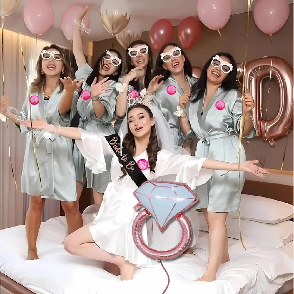 Shimmers 20Pcs Bride to Be & Team Bride Party Set Bachelorette Party Decoration with Satin Sash, Metal Headband, Balloons, Brooches & Crown Ring Foil Balloon for Bridal Shower & Hen Night Celebrations