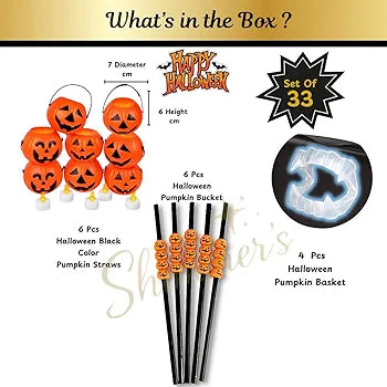 Shimmers Halloween Party Decoration Set – 33 Pcs Pumpkin Buckets, Black Straws, Vampire Teeth & Banner | DIY Halloween Party Supplies for Kids, Home & Classroom Decoration