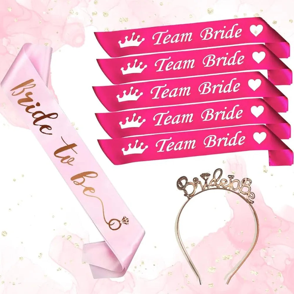 Shimmers 20 Pcs Bride to Be & Team Bride Party Set Fun Bachelorette Party Decorations with Headband, Satin Sash & Hen Night Accessories for Bridal Shower & Girls Night Out