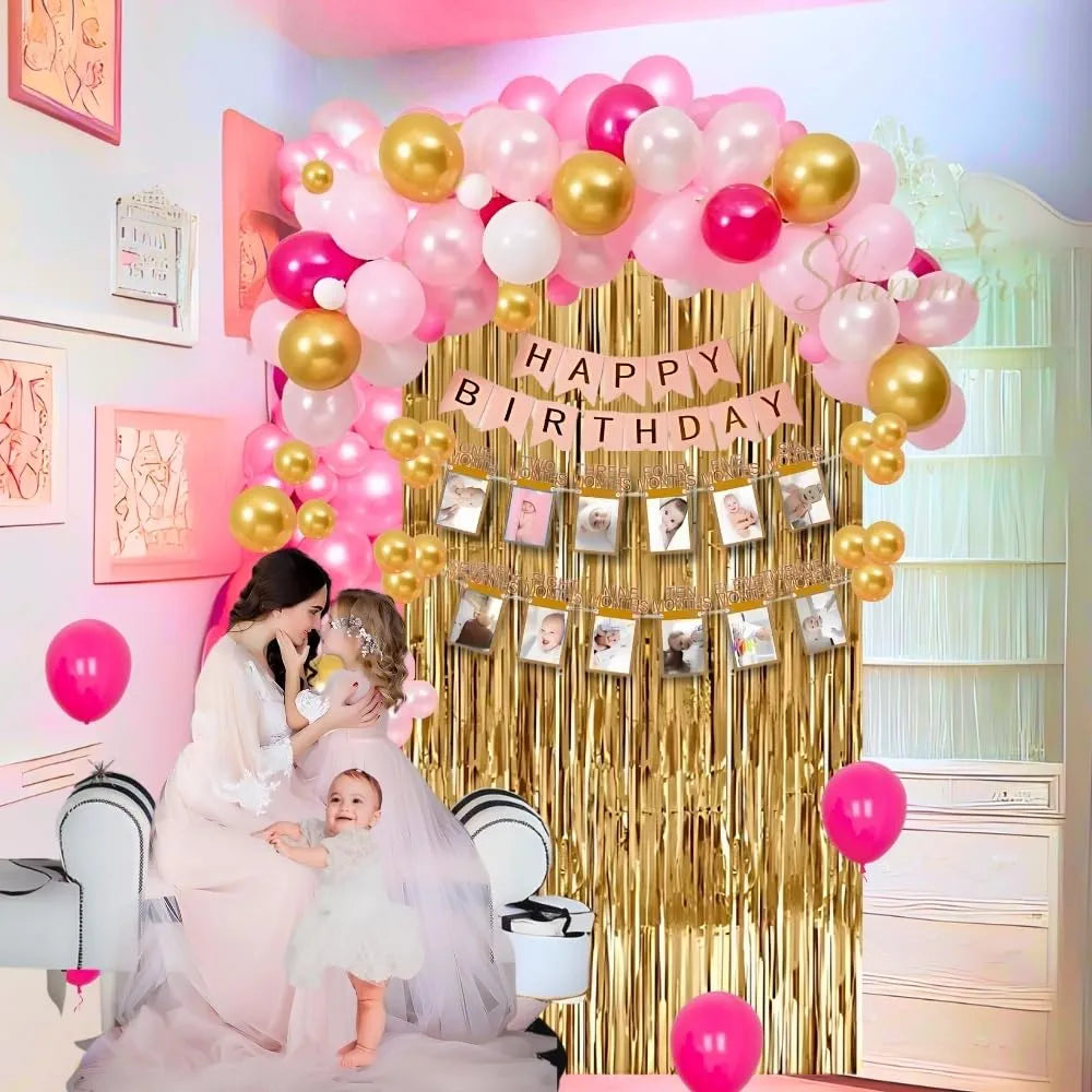 Shimmers Pink Gold White Birthday Decoration Kit - Pack of 52 Happy Birthday Banner, Golden Curtain, Balloon Pump and Accessories for Baby Girl, Kids, Toddler, Party Supplies and Celebrations