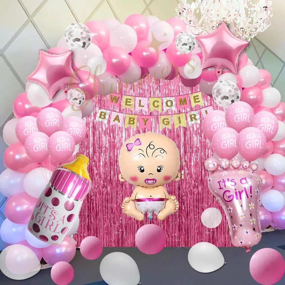 Shimmers Pink White Baby Shower Decoration Kit - Pack of 51 Baby Girl Banner, Latex and Foil Balloons, Curtain Backdrop, Star Balloons, Bottle Balloon, Foil Balloon for Newborn Celebrations