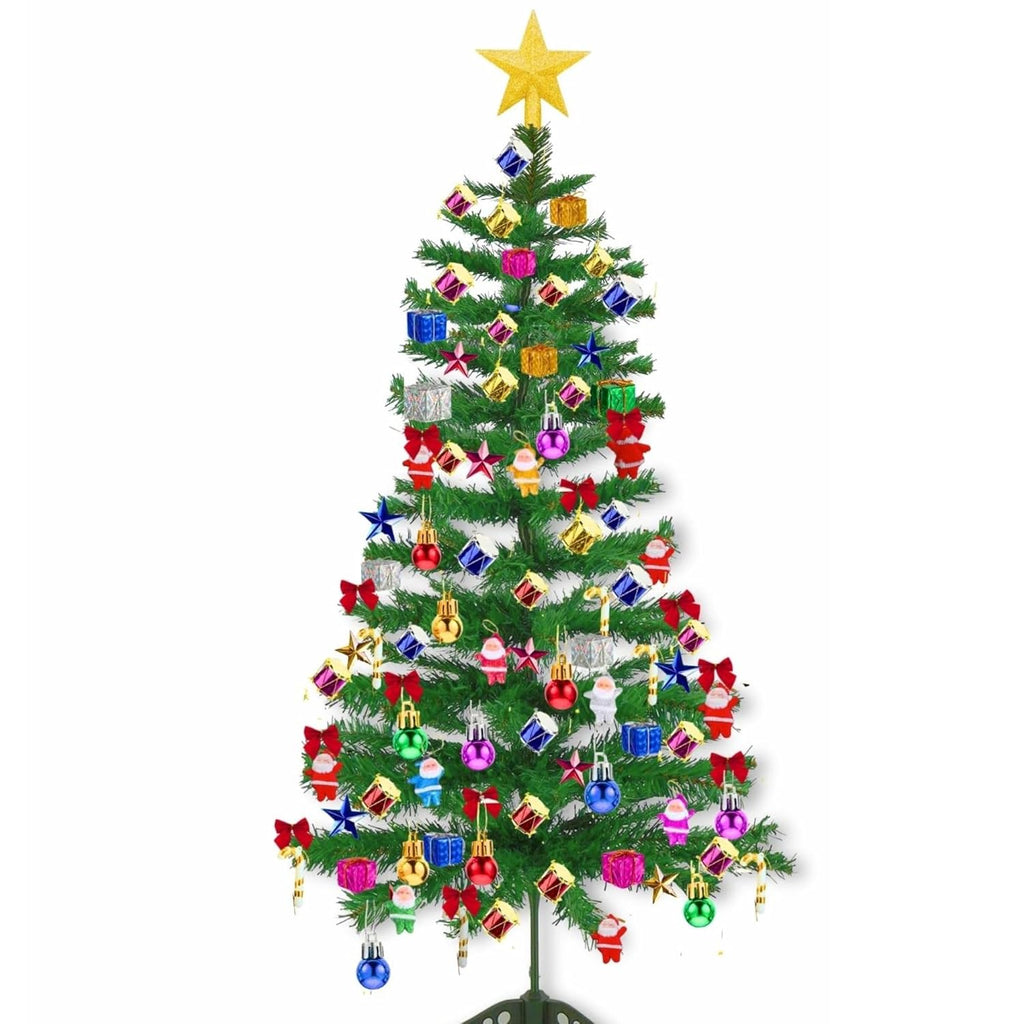 Shimmers 80 Pc Christmas Decoration Set | 6 Ft Artificial Christmas Tree with Gold Star, Red Bows, Santas, Gift Boxes, Drums, Balls & Candy Sticks | Complete Xmas Tree Decoration Kit for Home & Office