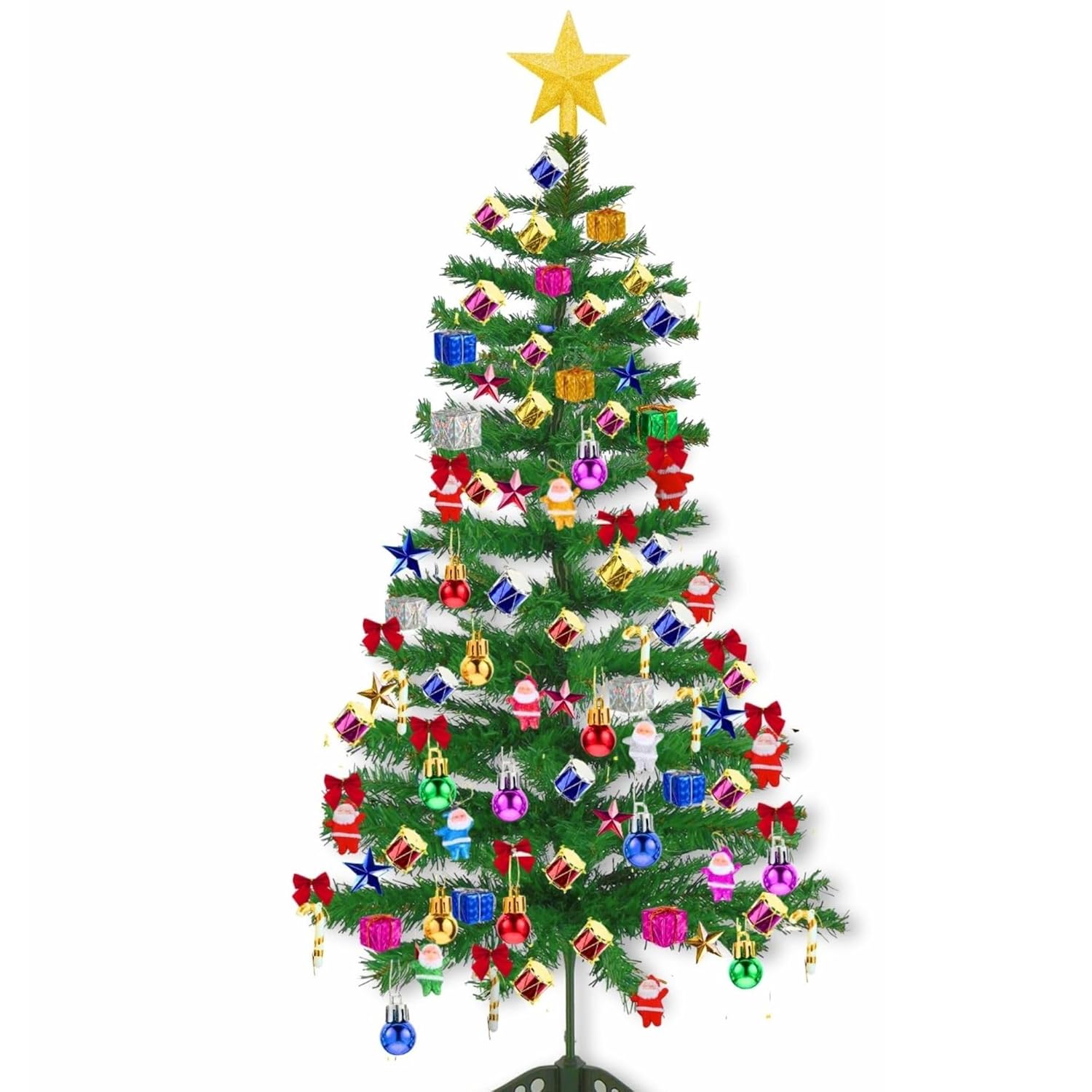 Shimmers 80 Pc Christmas Decoration Set | 6 Ft Artificial Christmas Tree with Gold Star, Red Bows, Santas, Gift Boxes, Drums, Balls & Candy Sticks | Complete Xmas Tree Decoration Kit for Home & Office