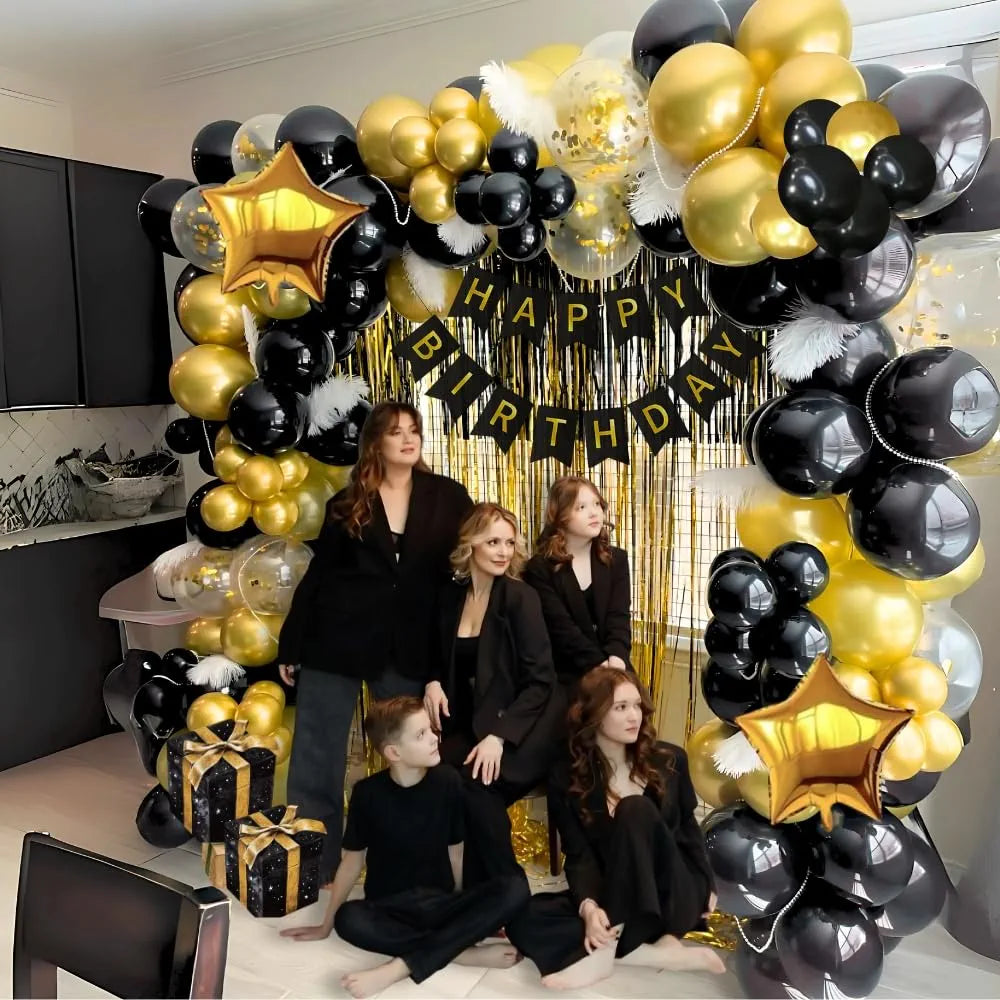 Shimmers 61 Pcs Black & Gold Birthday Decoration Kit – Banner, Metallic Balloons, Foil Stars, Balloon Pump & Accessories – Party Decor Set for Boys, Girls, Men & Women – Elegant Theme for Home or Hall