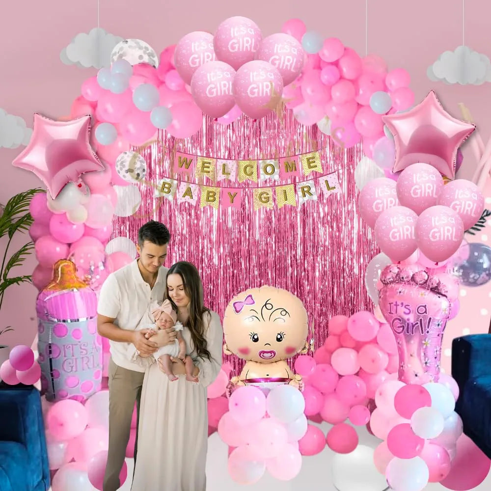 Shimmers Pink White Baby Shower Decoration Kit - Pack of 51 Baby Girl Banner, Latex and Foil Balloons, Curtain Backdrop, Star Balloons, Bottle Balloon, Foil Balloon for Newborn Celebrations