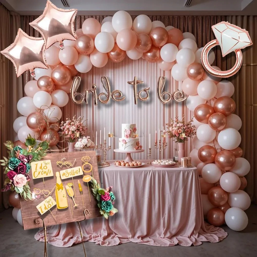 Shimmers Bride to Be Decoration Kit Rose Gold & White Bachelorette Party Balloon Set with Bride to Be Banner, Balloon Garland Arch, Star & Ring Foil Balloons, PhotoBooth Props |Bridal Shower
