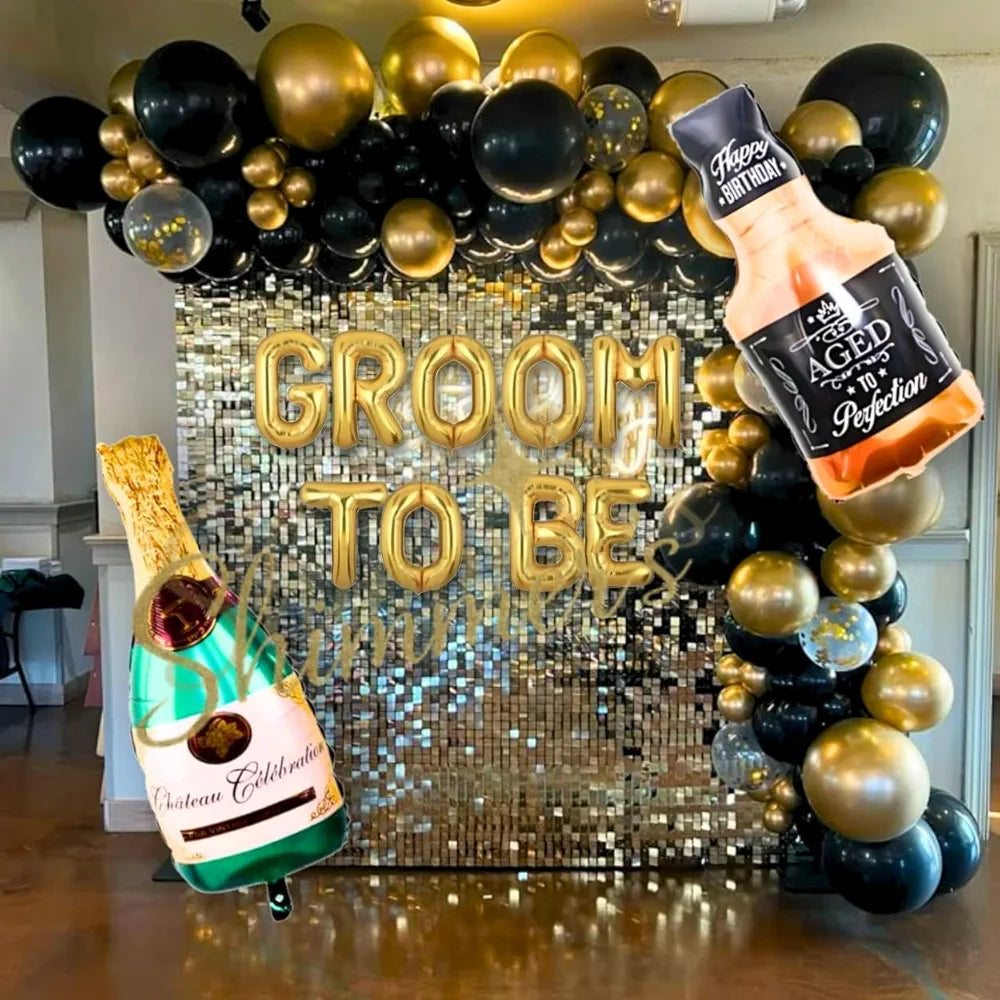 Shimmers Groom to Be Party Decoration Set of 55 Black, Silver & Gold Balloons with Groom to Be Foil Banner, Champagne Bottle Balloon,Ribbons & Accessories