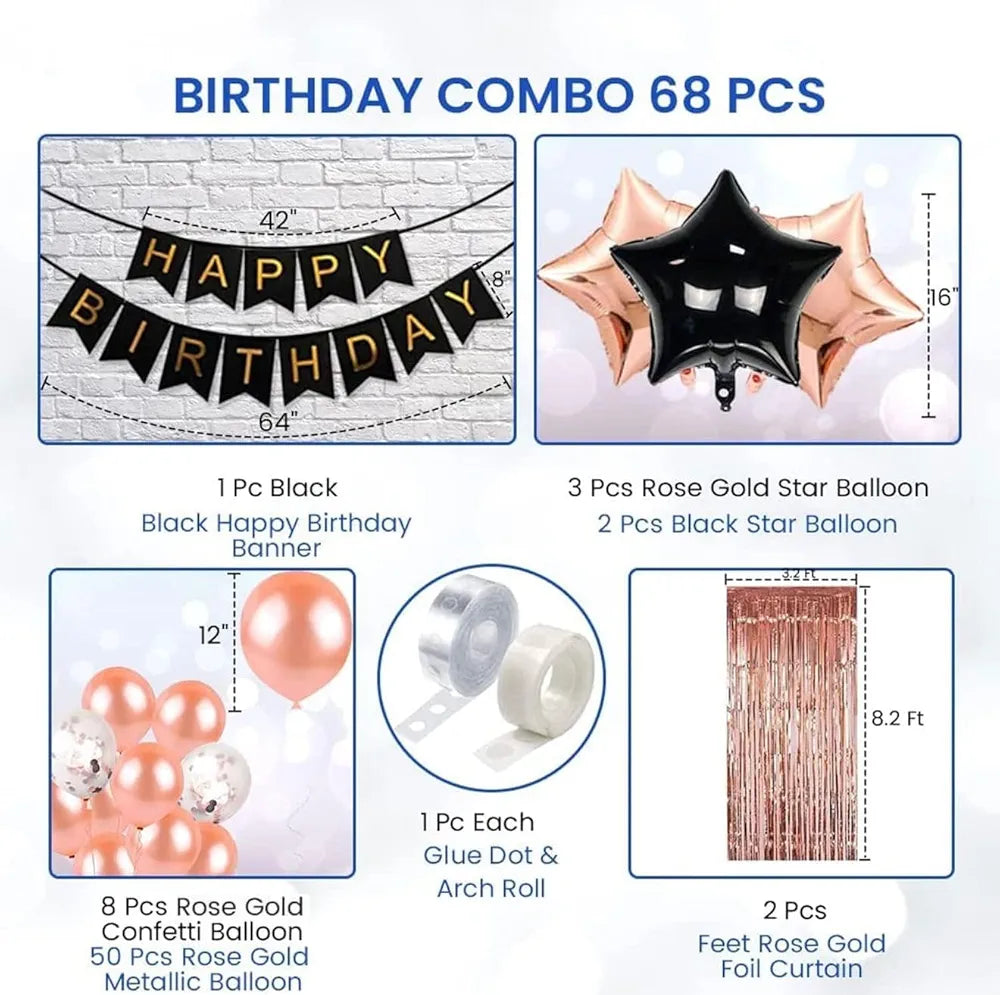 Shimmers 68 Pcs Birthday Decoration Combo Kit – Black & Rose Gold Theme with Happy Birthday Banner, Confetti & Metallic Balloons, Star Foils, Foil Curtains, Glue Dots & Arch Roll for Boys&Girls