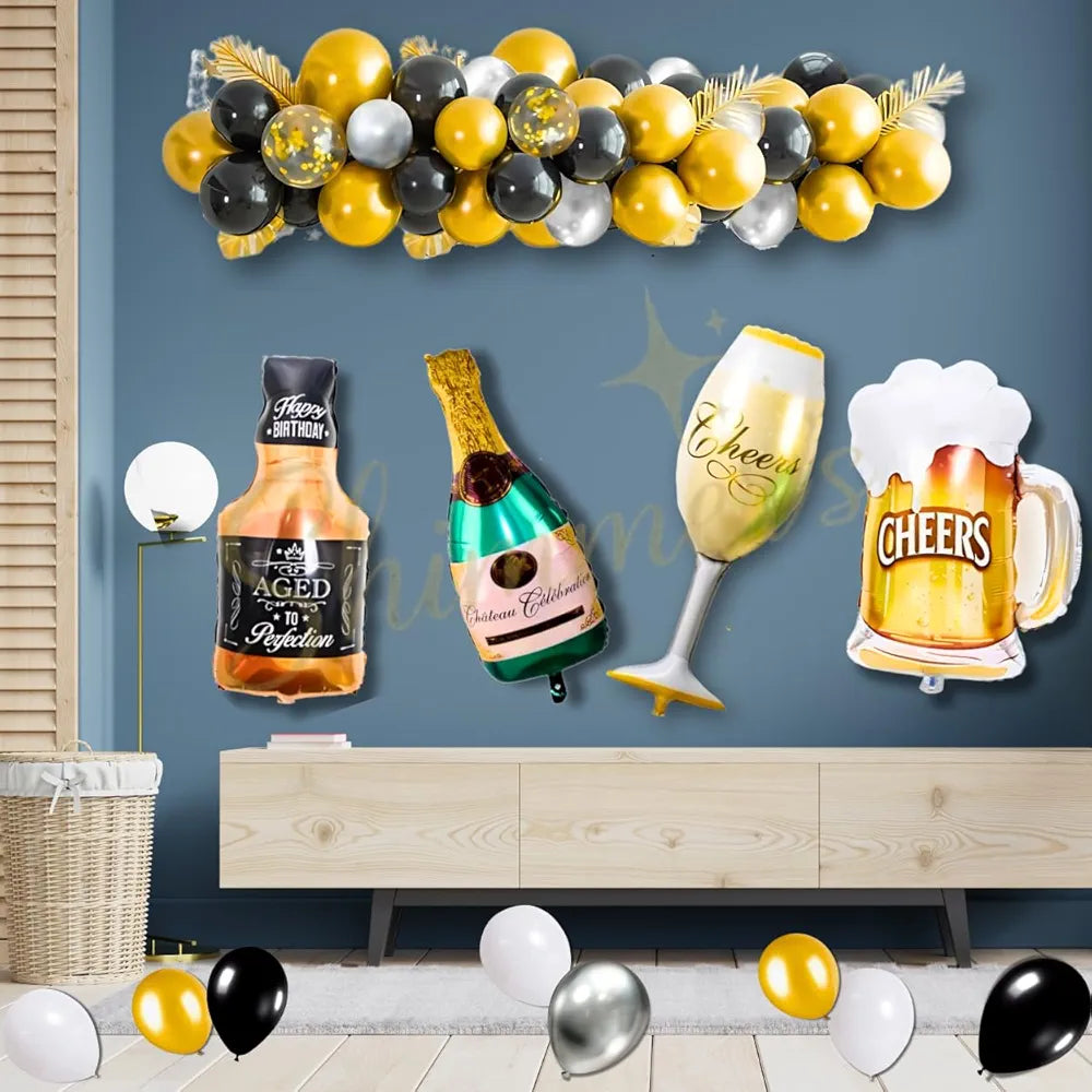 Shimmers Black Gold Silver Birthday Decoration Kit - Pack of 35 Champagne Foil Balloon, Cheers Mug Balloon, Latex Balloons, and Setup for Anniversary, Celebration, Engagement or Special Events
