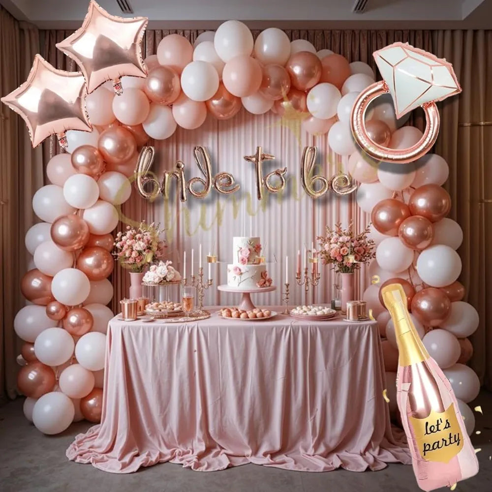 Shimmers Bride to Be Decoration Kit Rose Gold & White Bachelorette Party Balloon Set with Bride to Be Banner, Balloon Garland Arch, Star & Ring Foil Balloons, PhotoBooth Props |Bridal Shower