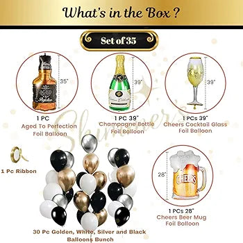 Shimmers Black Gold Silver Birthday Decoration Kit - Pack of 35 Champagne Foil Balloon, Cheers Mug Balloon, Latex Balloons, and Setup for Anniversary, Celebration, Engagement or Special Events