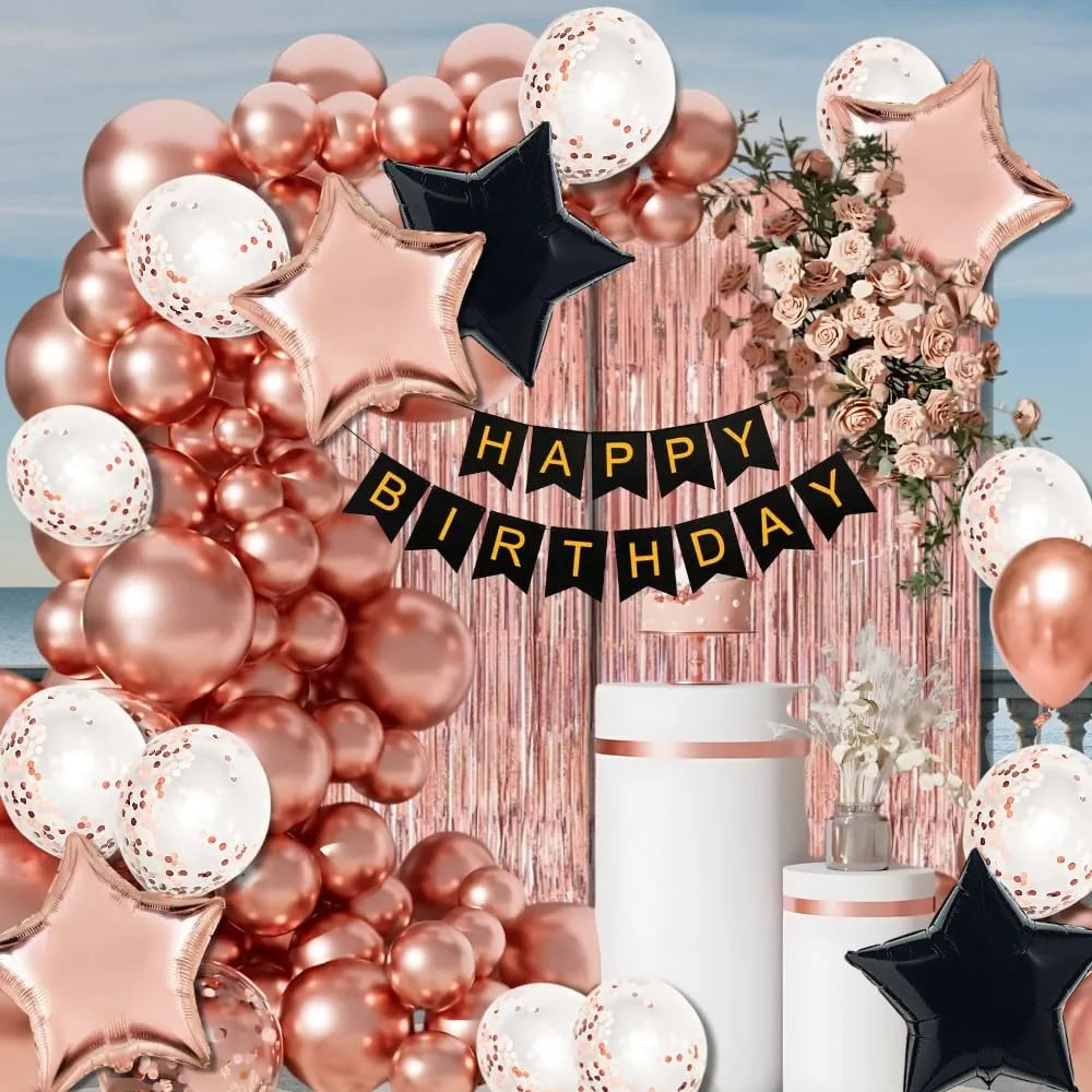 Shimmers 68 Pcs Birthday Decoration Combo Kit – Black & Rose Gold Theme with Happy Birthday Banner, Confetti & Metallic Balloons, Star Foils, Foil Curtains, Glue Dots & Arch Roll for Boys&Girls