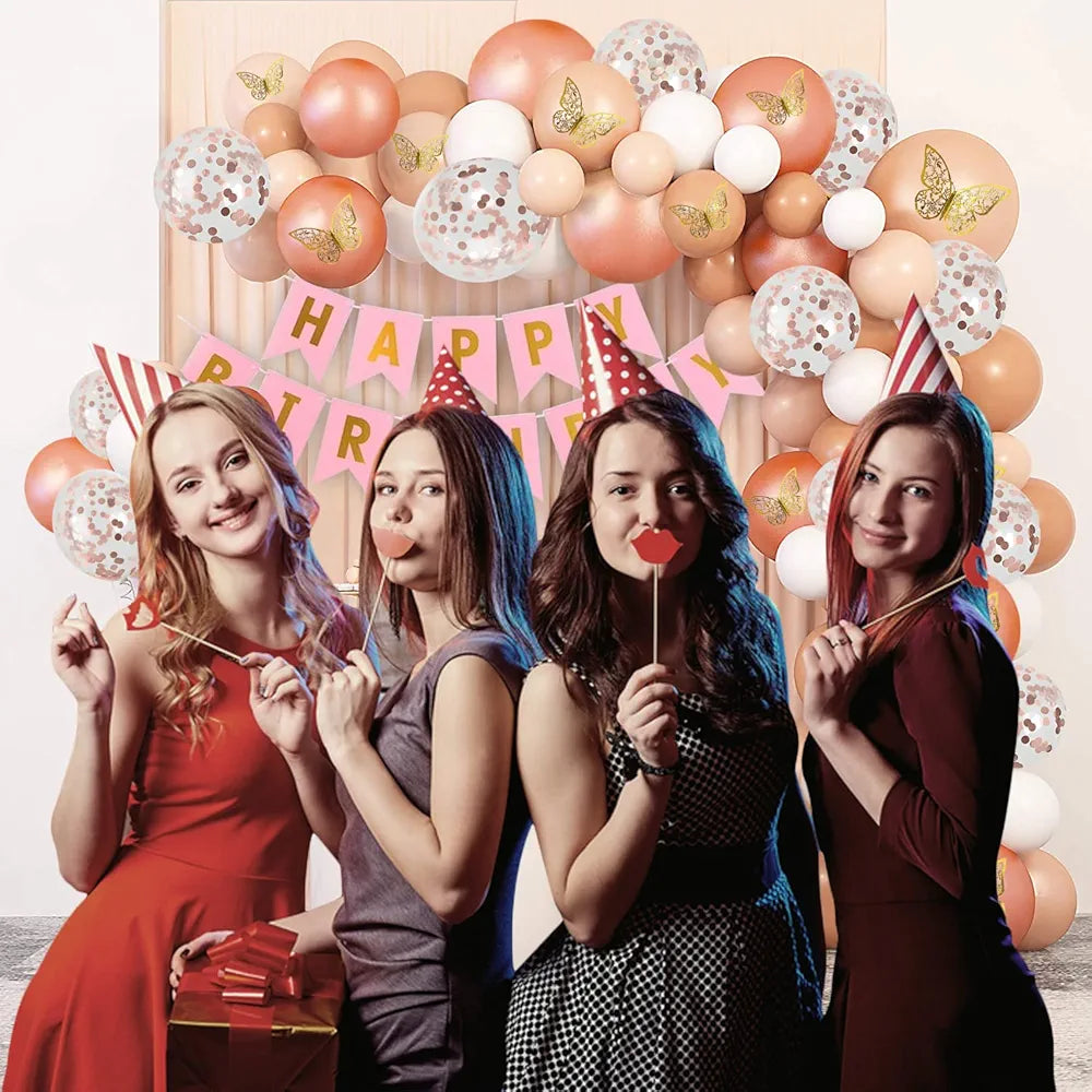 Shimmers Butterfly Birthday Decoration Kit for Girls – Pink & Rose Gold Balloon Arch Set with Banner, 3D Butterflies, Confetti Balloons, and Arch Strip for Elegant Party Backdrop