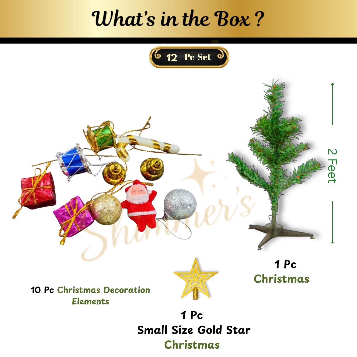 Shimmers 12 Pc Mini Christmas Tree Decoration Set | 2ft Tabletop Christmas Tree with Ornaments, Gold Star, Baubles & Decorative Elements | Small Artificial Xmas Tree for Home, Office & Holiday Décor