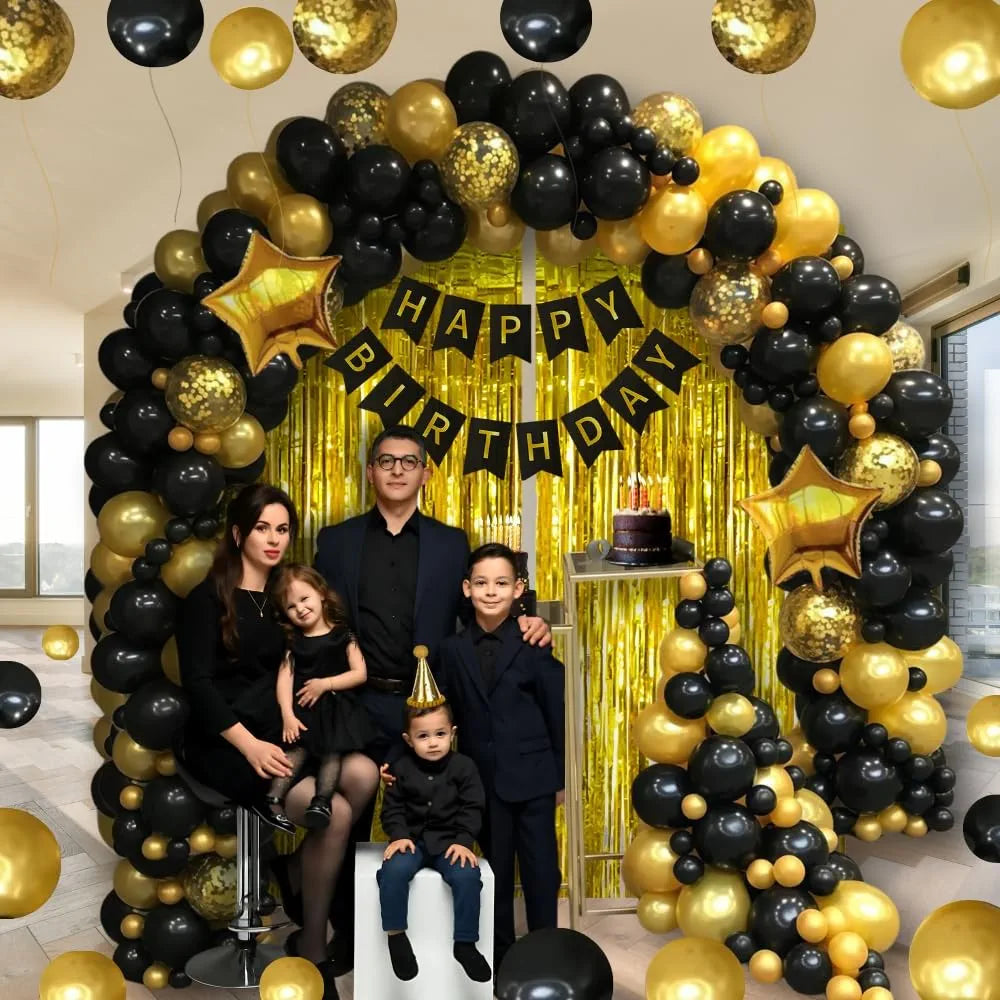 Shimmers 61 Pcs Black & Gold Birthday Decoration Kit – Banner, Metallic Balloons, Foil Stars, Balloon Pump & Accessories – Party Decor Set for Boys, Girls, Men & Women – Elegant Theme for Home or Hall