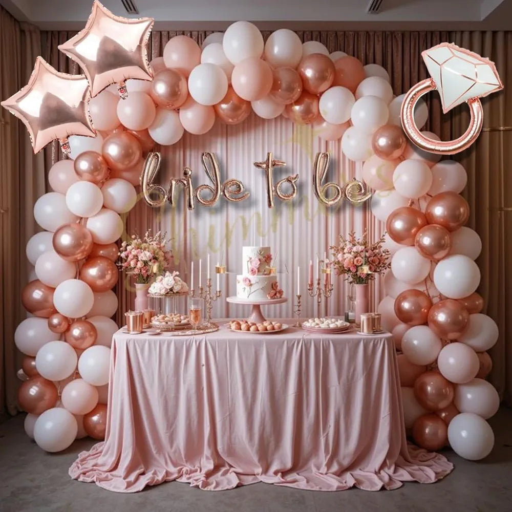 Shimmers Bride to Be Decoration Kit Rose Gold & White Bachelorette Party Balloon Set with Bride to Be Banner, Balloon Garland Arch, Star & Ring Foil Balloons, PhotoBooth Props |Bridal Shower