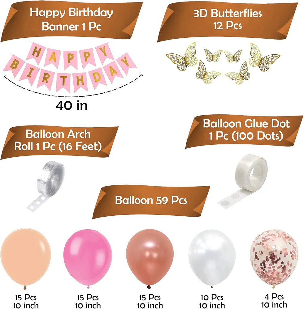 Shimmers Butterfly Birthday Decoration Kit for Girls – Pink & Rose Gold Balloon Arch Set with Banner, 3D Butterflies, Confetti Balloons, and Arch Strip for Elegant Party Backdrop
