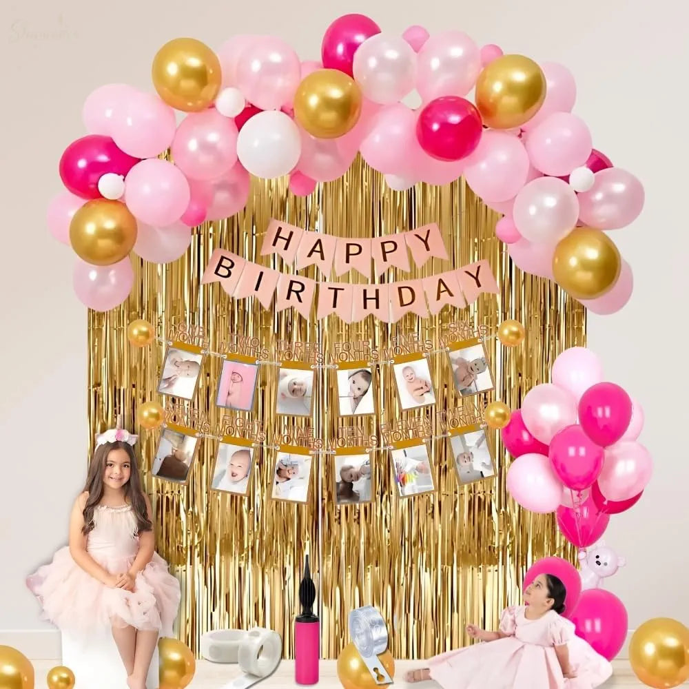 Shimmers Pink Gold White Birthday Decoration Kit - Pack of 52 Happy Birthday Banner, Golden Curtain, Balloon Pump and Accessories for Baby Girl, Kids, Toddler, Party Supplies and Celebrations
