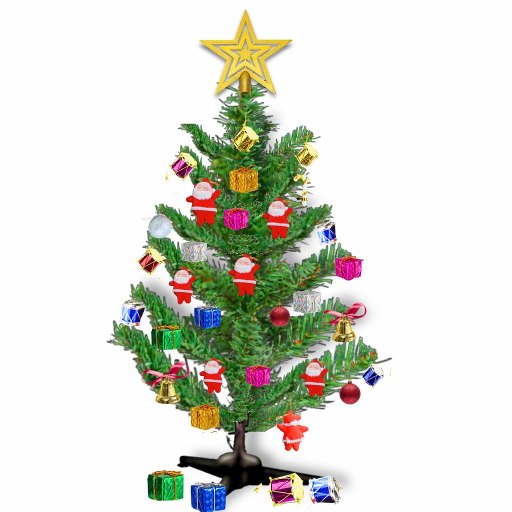 Shimmers 42 Pc Christmas Decoration Set|Complete Xmas Tree Décor Kit with Artificial Christmas Tree, Gift Boxes, Drums, Red Santas, Ornaments & Golden Star