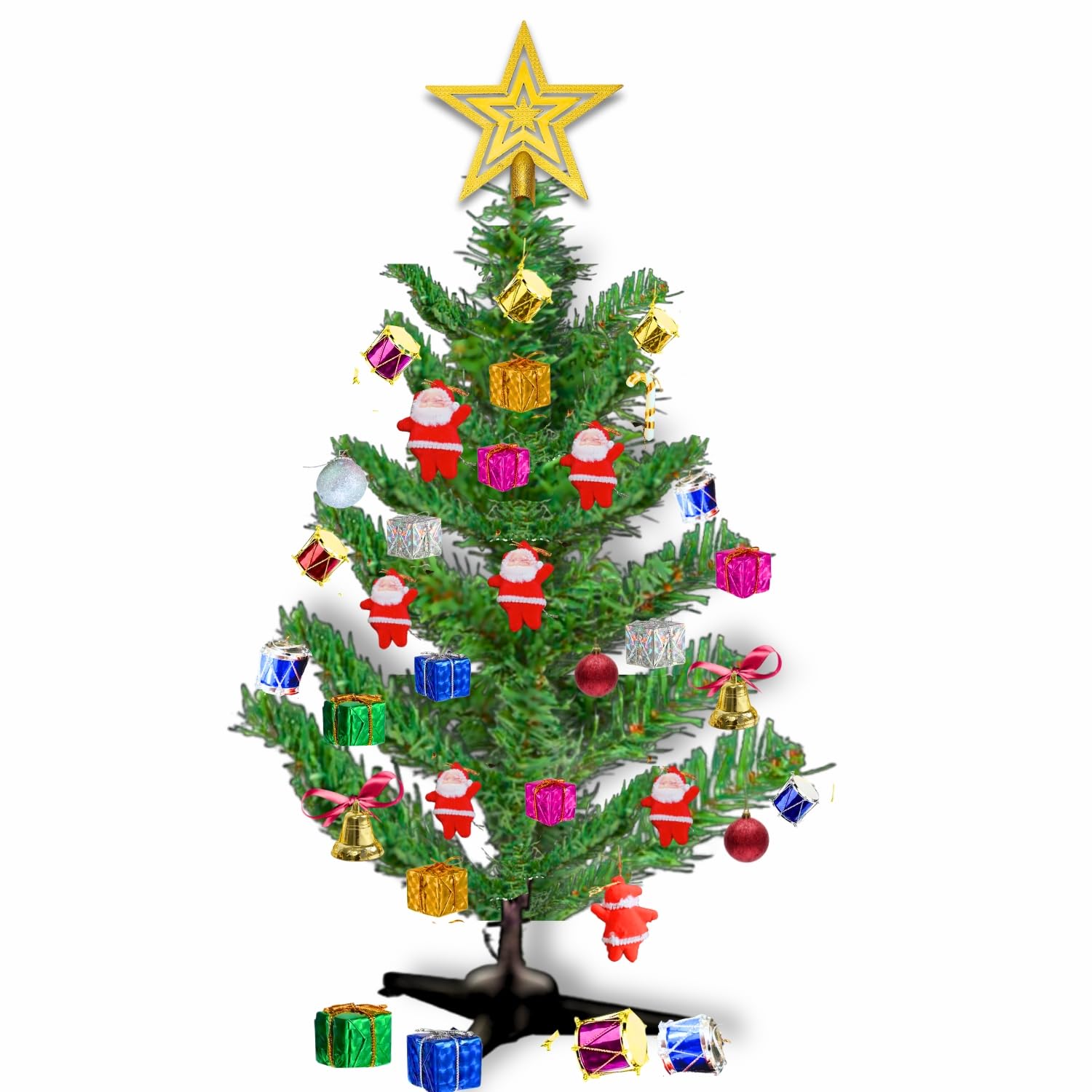 Shimmers 42 Pc Christmas Decoration Set|Complete Xmas Tree Décor Kit with Artificial Christmas Tree, Gift Boxes, Drums, Red Santas, Ornaments & Golden Star