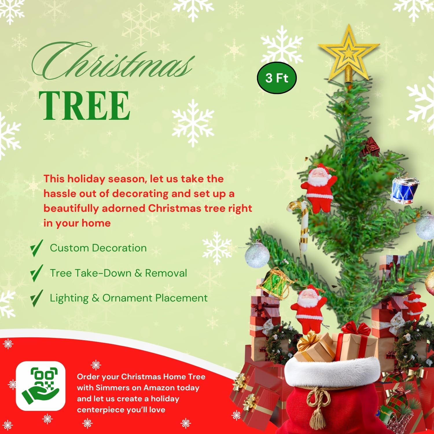 Shimmers 42 Pc Christmas Decoration Set|Complete Xmas Tree Décor Kit with Artificial Christmas Tree, Gift Boxes, Drums, Red Santas, Ornaments & Golden Star