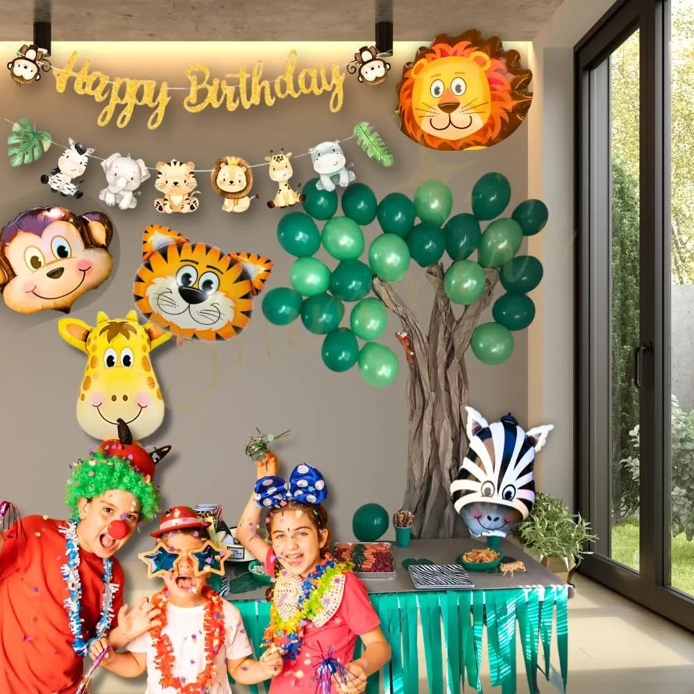 Shimmers Jungle Safari Birthday Decoration Kit – 52 Pc Set with Animal Foil Balloons, Green Latex Balloons, Happy Birthday Banner & Tinsel Curtains – Safari Party Decorations for Kids Boys Girls 69% off
