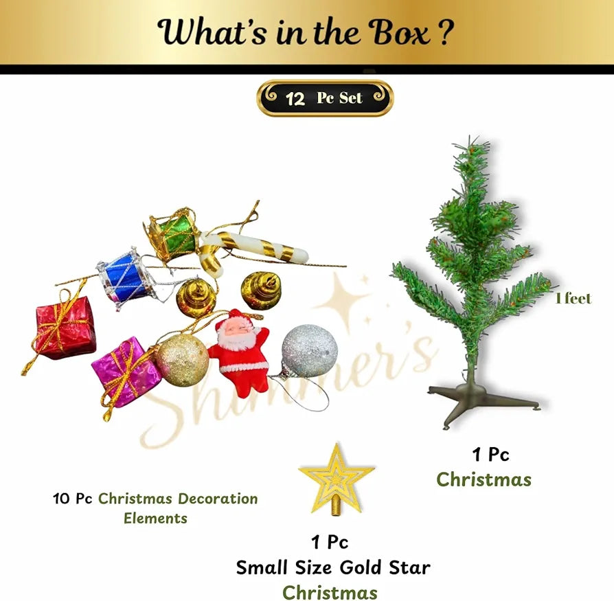 Shimmers 12 Pc Mini Christmas Tree Decoration Set | 1ft Tabletop Christmas Tree with Ornaments, Gold Star, Baubles & Decorative Elements | Small Artificial Xmas Tree for Home, Office & Holiday Décor 23% off