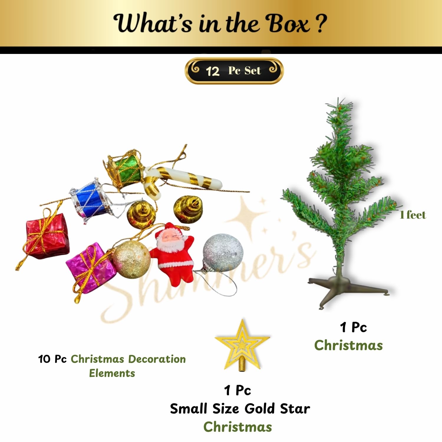 Shimmers 12 Pc Mini Christmas Tree Decoration Set | 1ft Tabletop Christmas Tree with Ornaments, Gold Star, Baubles & Decorative Elements | Small Artificial Xmas Tree for Home, Office & Holiday Décor