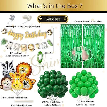 Shimmers Jungle Safari Birthday Decoration Kit – 52 Pc Set with Animal Foil Balloons, Green Latex Balloons, Happy Birthday Banner & Tinsel Curtains – Safari Party Decorations for Kids Boys Girls 69% off