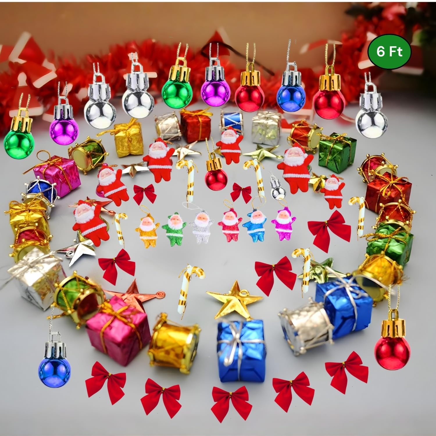 Shimmers 80 Pc Christmas Decoration Set | 6 Ft Artificial Christmas Tree with Gold Star, Red Bows, Santas, Gift Boxes, Drums, Balls & Candy Sticks | Complete Xmas Tree Decoration Kit for Home & Office
