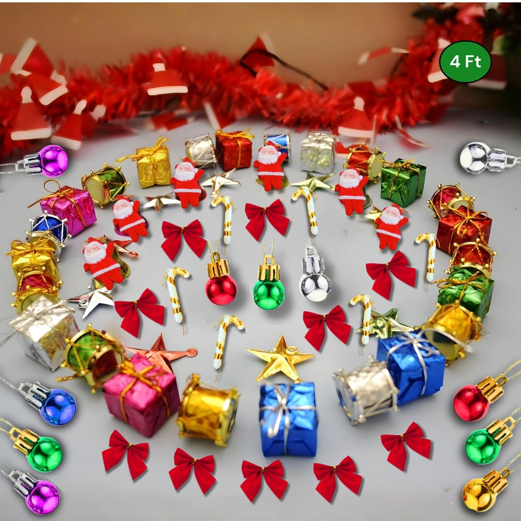 Shimmers 72Pc Christmas Decoration Set-4Ft Artificial Christmas Tree with Star,Red Bows,Santas, Stars, Gift Boxes, Drums, Balls & Candy Sticks|Complete Xmas Décor Kit for Home & Holiday Celebrations
