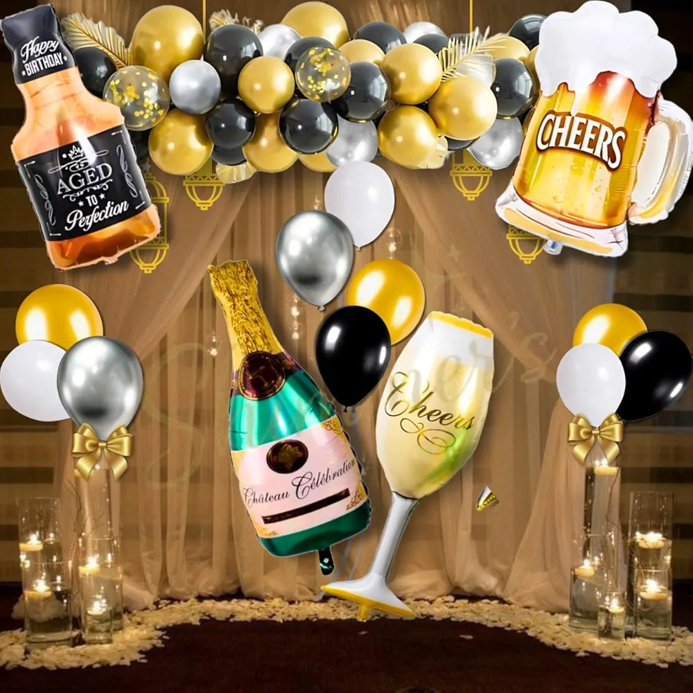 Shimmers Black Gold Silver Birthday Decoration Kit - Pack of 35 Champagne Foil Balloon, Cheers Mug Balloon, Latex Balloons, and Setup for Anniversary, Celebration, Engagement or Special Events